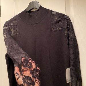 Black blouse top with sheer flowers Lace long sleeves, M/L, So soft fabric
